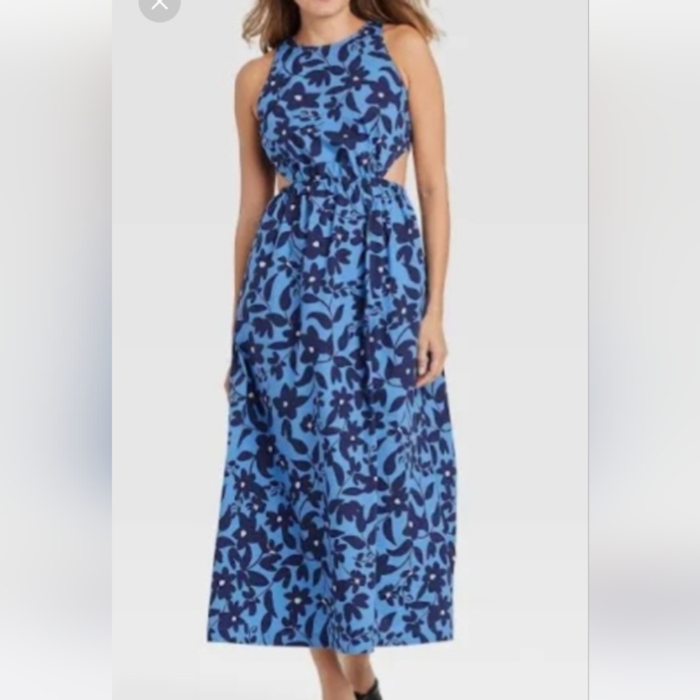NEW Who What Wear Blue Floral Sides Cut-out Maxi Dress with Side Pockets Size M